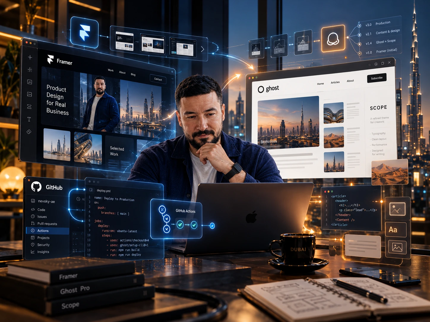Konzeptionelle KI-Illustration: Framer-Portfolio, Ghost-Blog mit dem Scope-Theme und GitHub Actions rund um den Autor am Laptop.