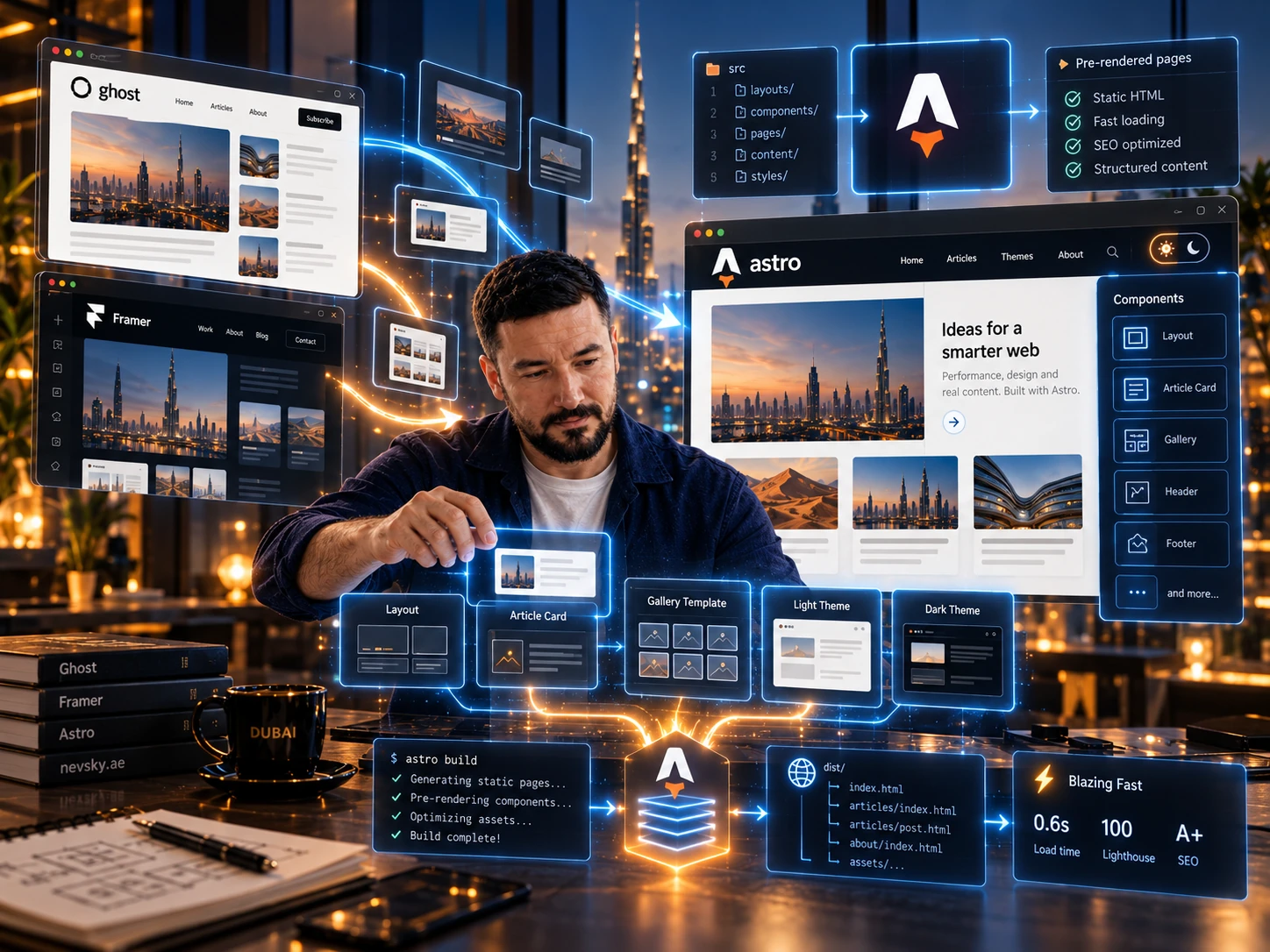 Konzeptionelle KI-Illustration: Framer- und Ghost-Seiten werden zu Astro-Komponenten und fertigen HTML-Seiten.