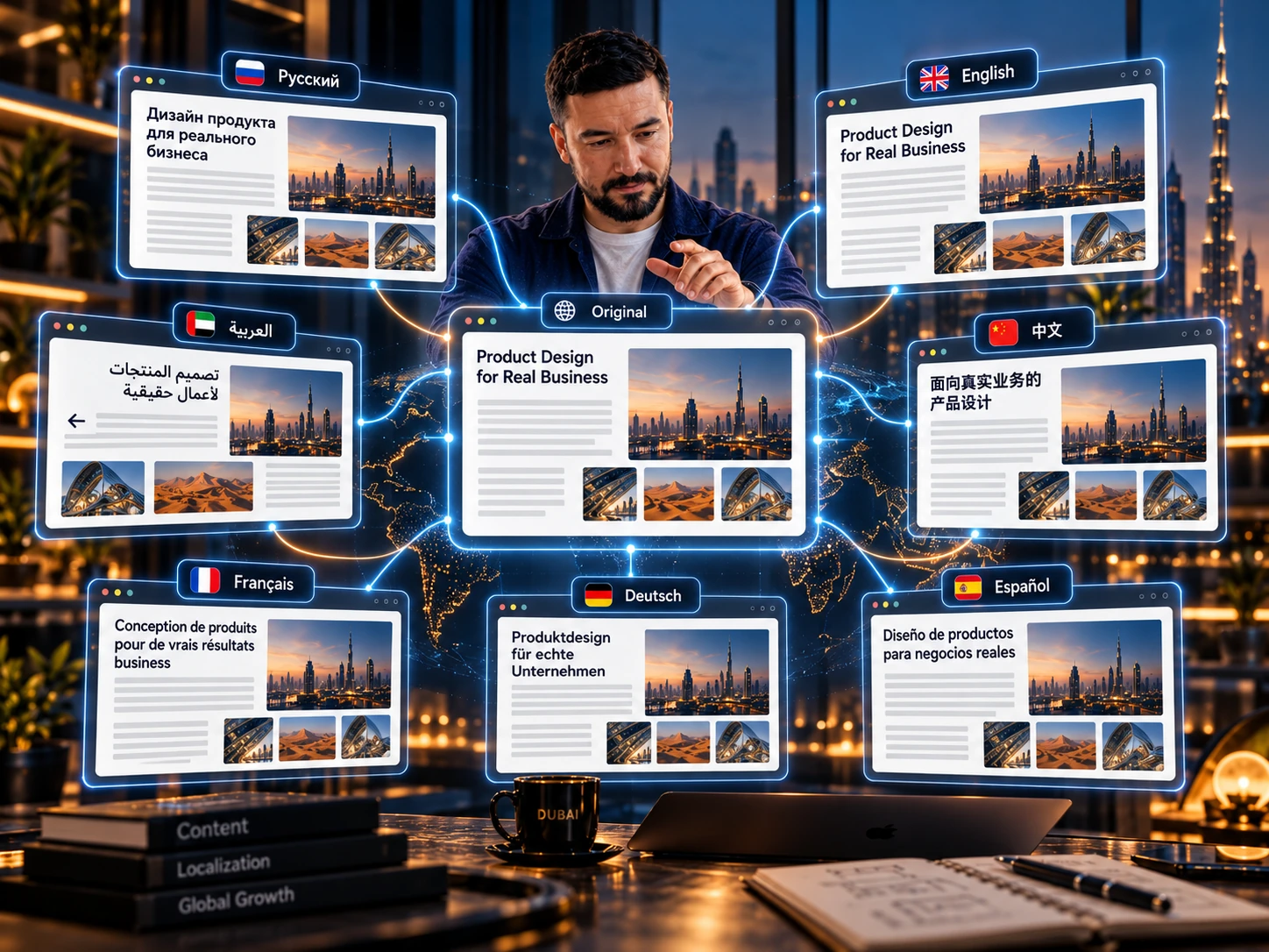 Konzeptionelle KI-Illustration: ein gemeinsames Artikellayout auf Russisch, Englisch, Arabisch, Chinesisch, Französisch, Deutsch und Spanisch.