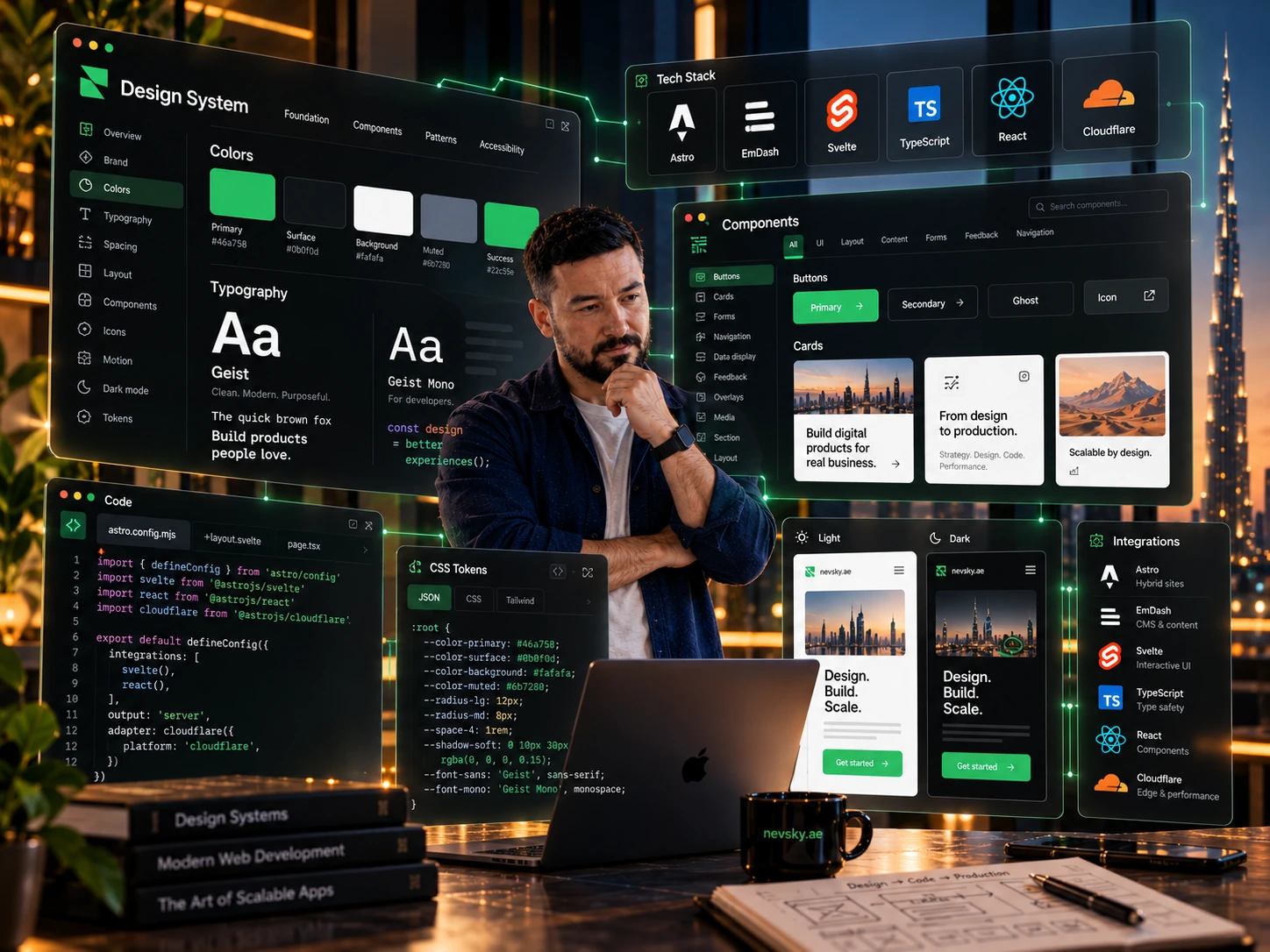 Konzeptionelle KI-Illustration: Designsystem der Website mit Farbpalette, Geist, CSS-Tokens, Icons und Komponentenbibliothek.