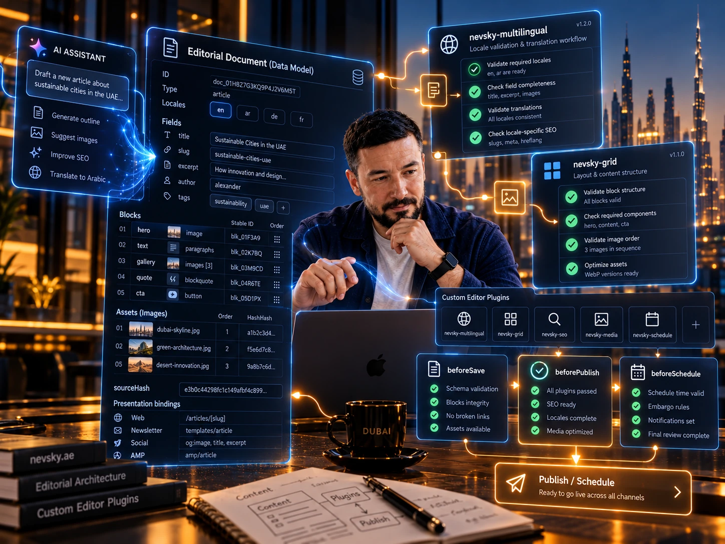 Konzeptionelle KI-Illustration: redaktionelles Dokument, Blöcke mit stabilen IDs und Prüfungen der Plugins nevsky-multilingual und nevsky-grid.